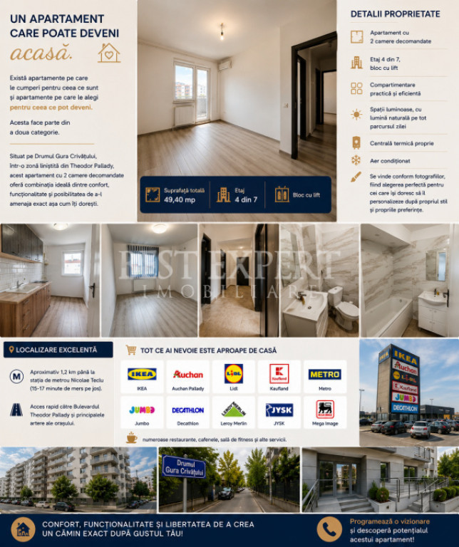 2 Camere Decomandat| Etaj 4/7 |Centrală Proprie | Aer Condi