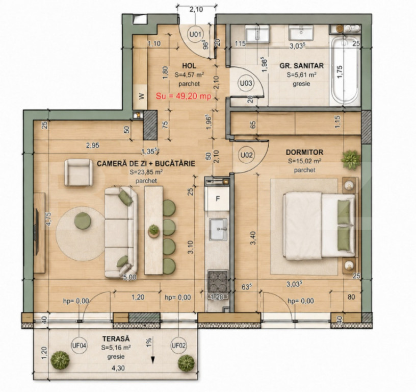 Apartament 2 camere, 43 mp, zona Iris