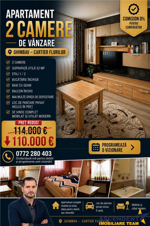 Apartament 2 camere decomandat mobilat si utilat, cu parcare