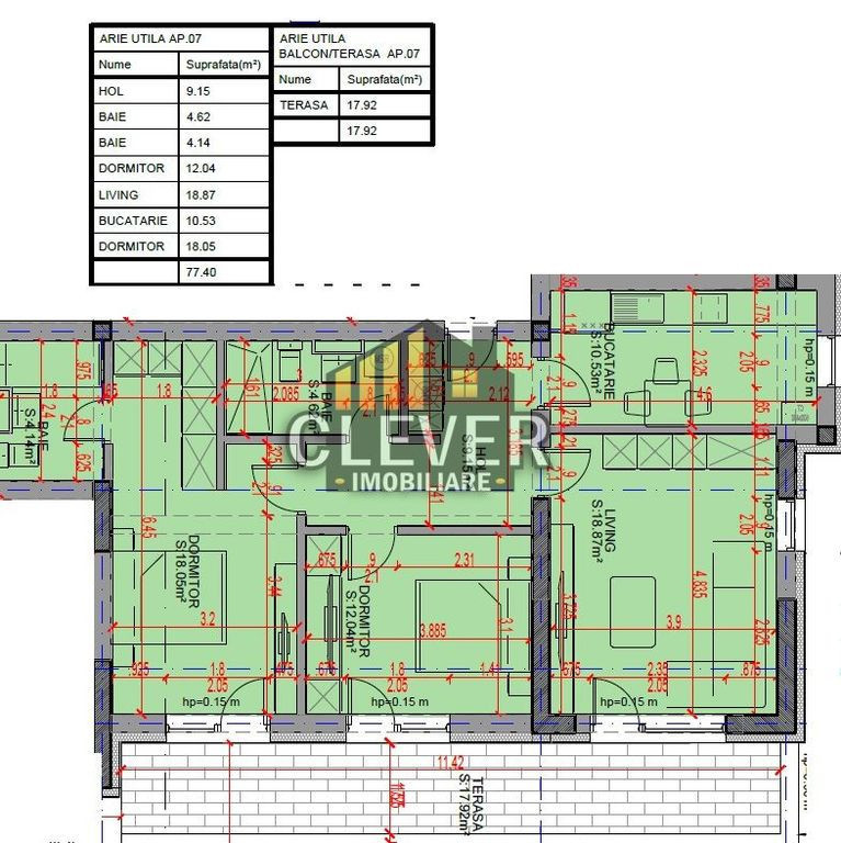 3 Camere | 95,32 mp Total | Terasă 17,92 mp | Comision 0%