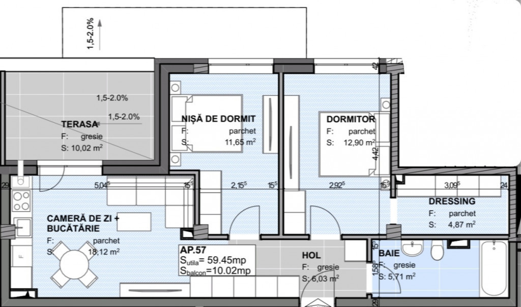 Apartament 3 camere semidecomandat 59.45mp, Semifinisat, Est