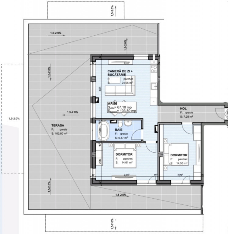 Apartament 3 camere 67.1 mp, Terasa 103.8 mp Semifinisat, Es