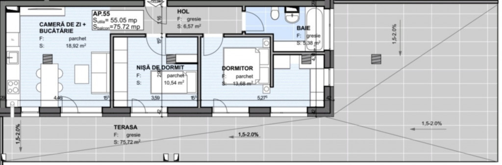 Apartament 3 camere 55.5 mp, Terasa 75.72 mp Semifinisat, Es
