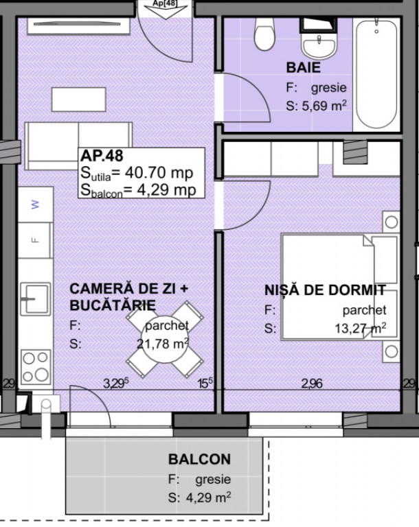 Apartament 2 camere semidecomandat 40.7 mp, Semifinisat, Es