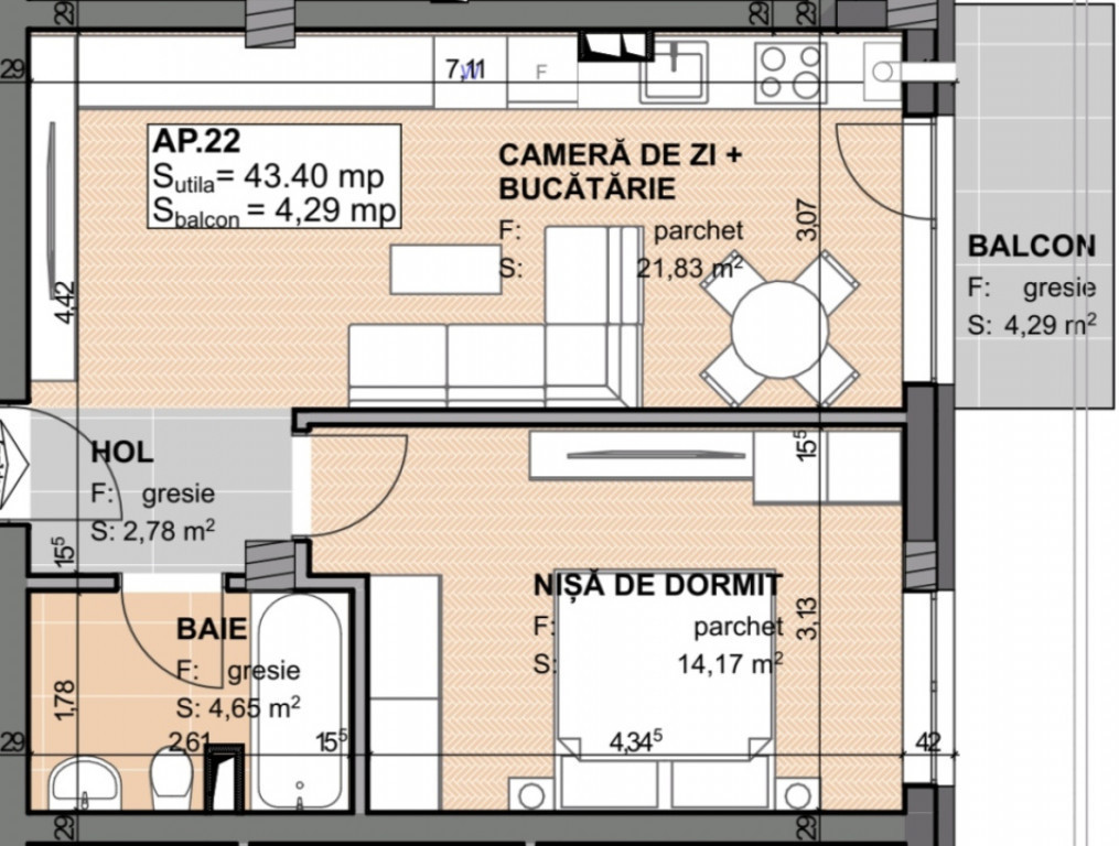 Apartament 2 camere semidecomandat 43.4 mp, Semifinisat, Est