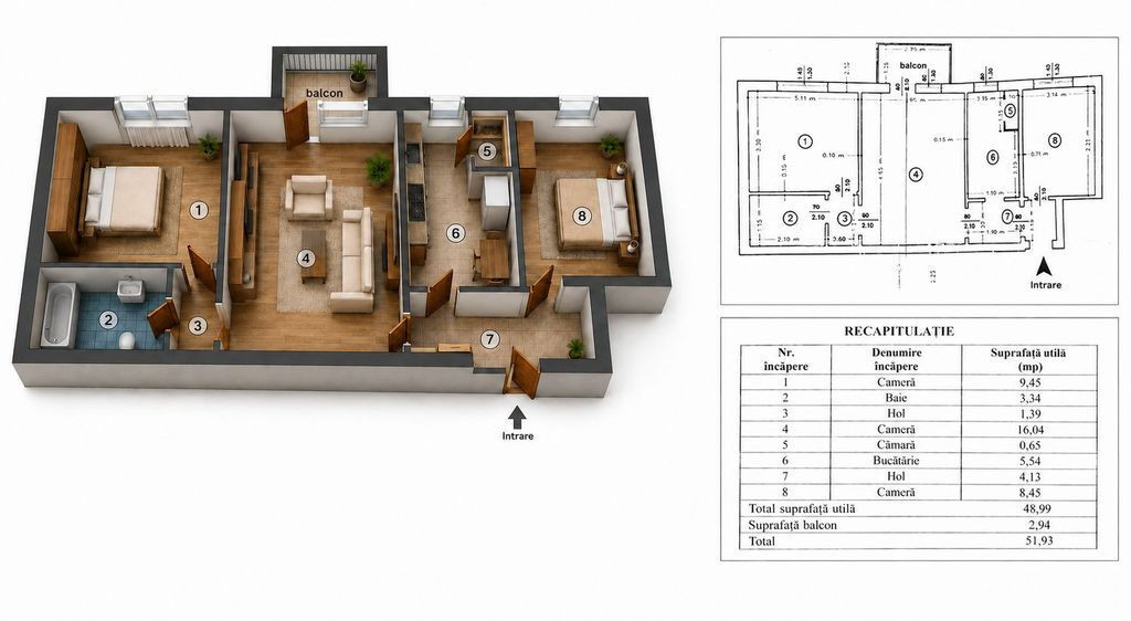 Apartament TĂTĂRAȘI SUD | 3 camere, semidecomandat, 52...