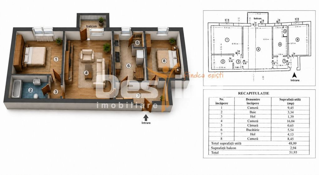 Apartament TĂTĂRAȘI SUD | 3 camere, semidecomandat, 52...