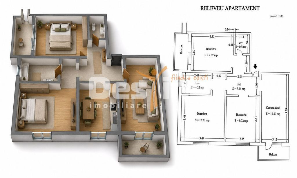 Apartament TÂRGU CUCU | 3 camere, semidecomandat, 68 mp ...