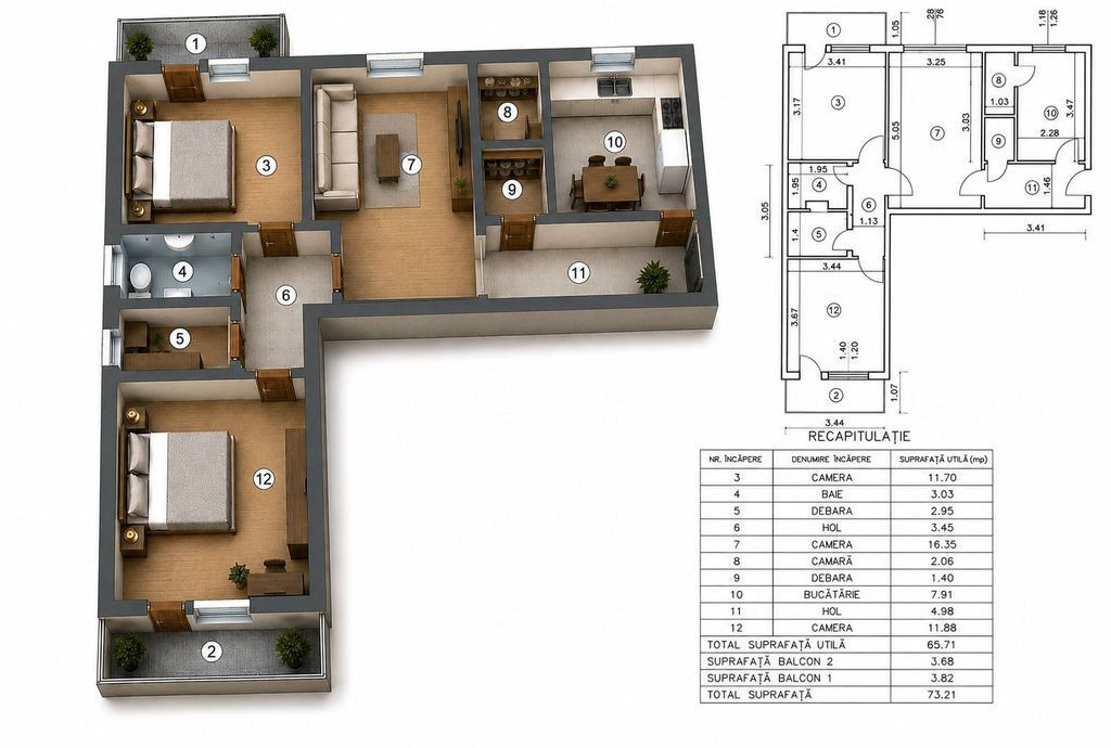 Apartament de vânzare, zona PODU ROȘ, 3 camere, semidec...