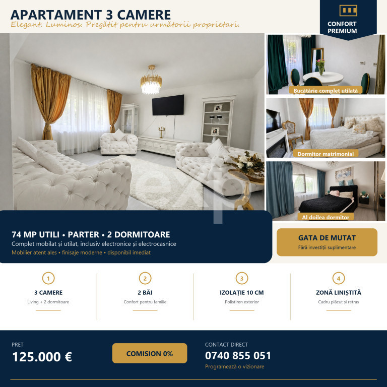 Apartament deosebit, 3 camere, 74 mp, complet mobilat și ut