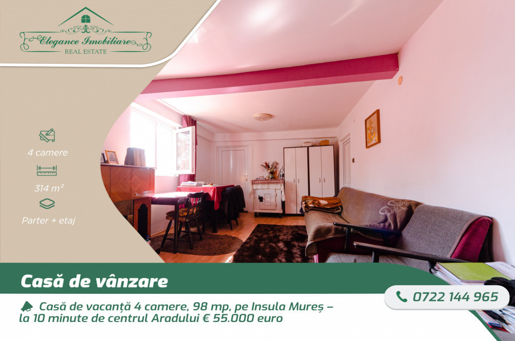 Casă de vacanță 4 camere, 98 mp, Insula Mureș, la 10 min