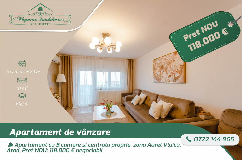 Apartament cu 5 camere si centrala proprie, zona Aurel Vlaic