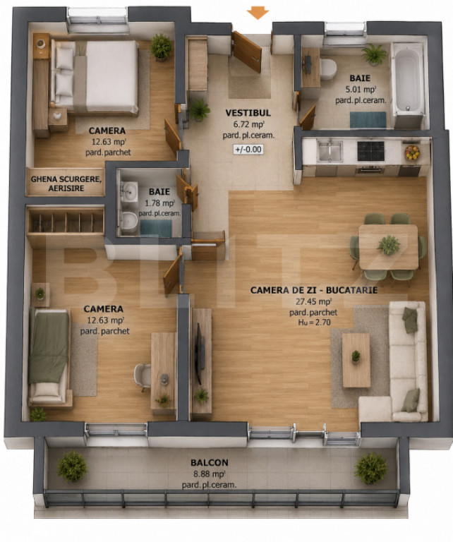 Apartament cu 3 camere, 76.89 mp, zona Tudor