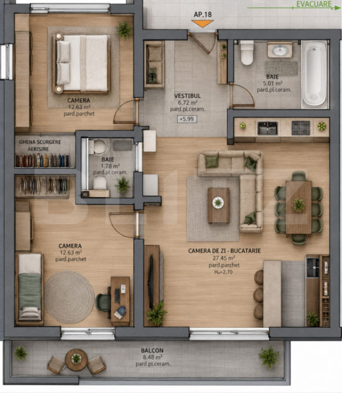 Apartament 3 camere, 69.50 mp, zona Tudor