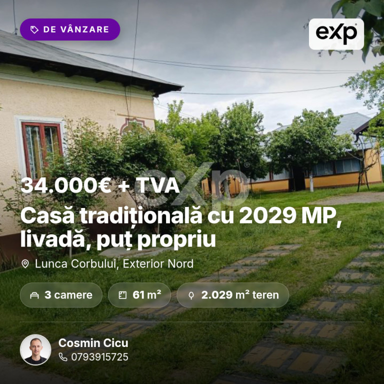 Casă tradițională cu 2029 MP, livadă, puț propriu