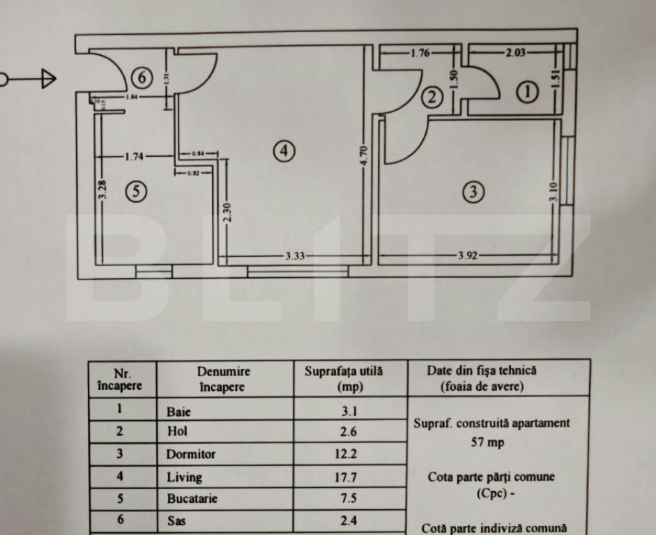 Apartament 2 camere, 45.50 mp, pregătit pentru amenajare, z