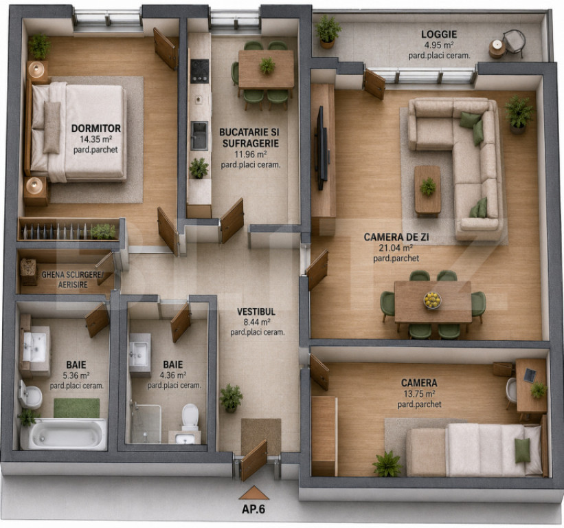 Apartament cu 3 camere, 45 mp, zona Dambu