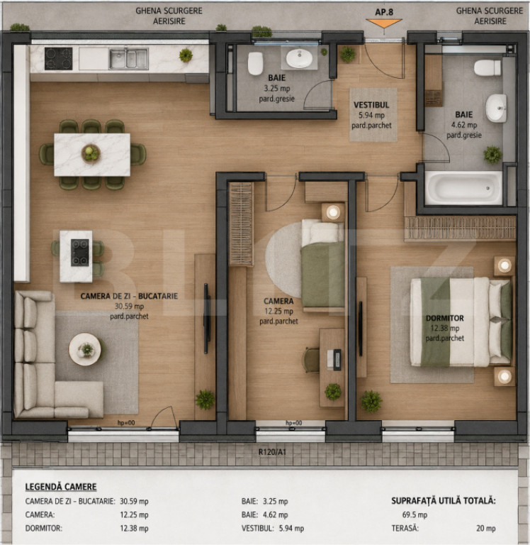 Apartament 3 camere, 69.50 mp, zona Tudor