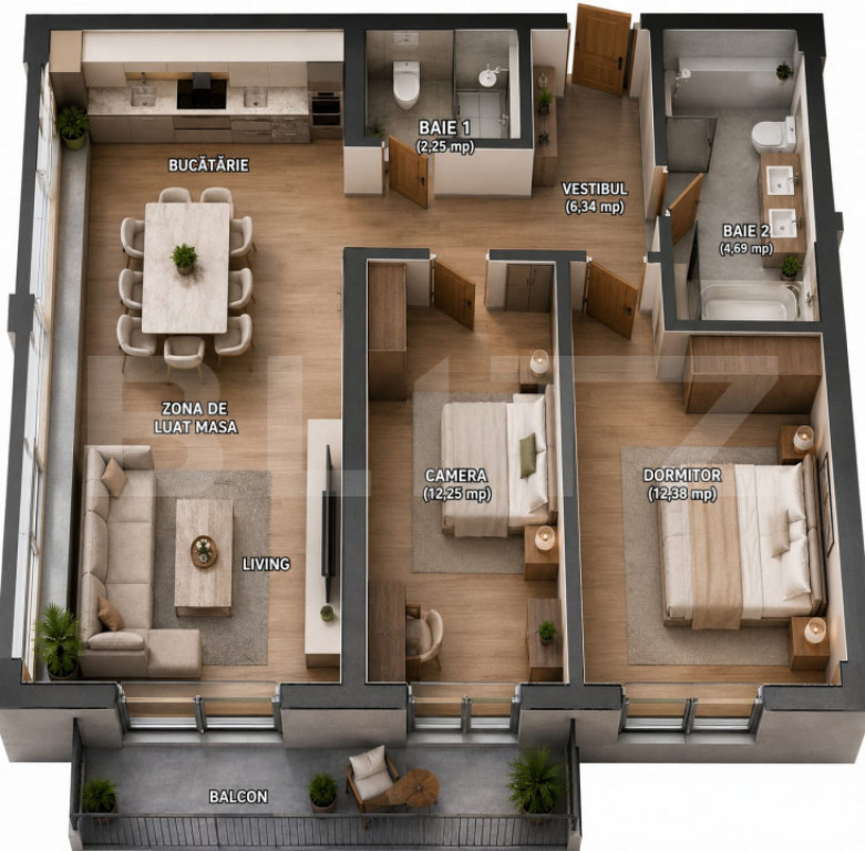 Apartament 3 camere, 69.50 mp + balcon 6,51 mp, zona Tudor