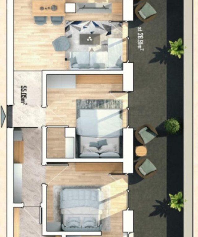 Apartament 3 camere, 55mp,. terasa 26,9mp, Sannicoara