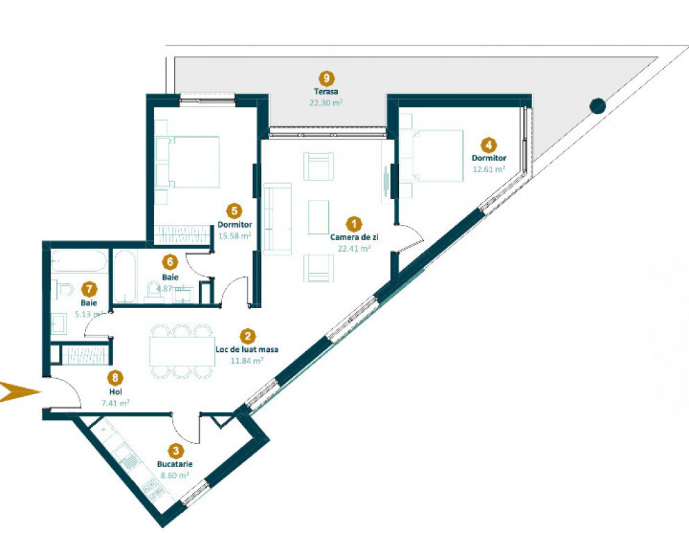 Apartament 3 camere 88,2 mp, terasa 30,3, ansamblu Intre Lac