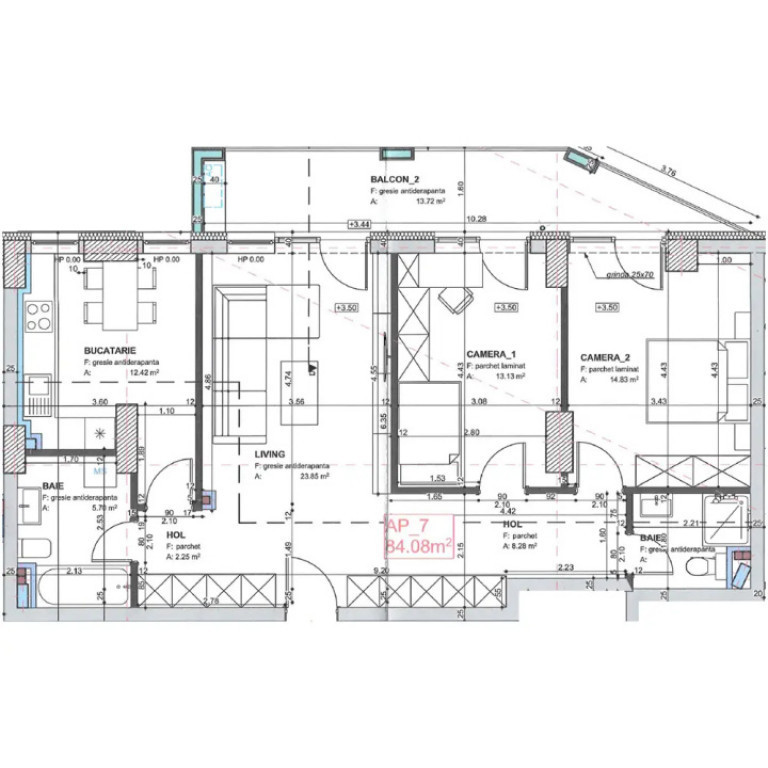 Apartament 3 CAM, SU 84.08 MP, 1 BALCON in zona Marasti