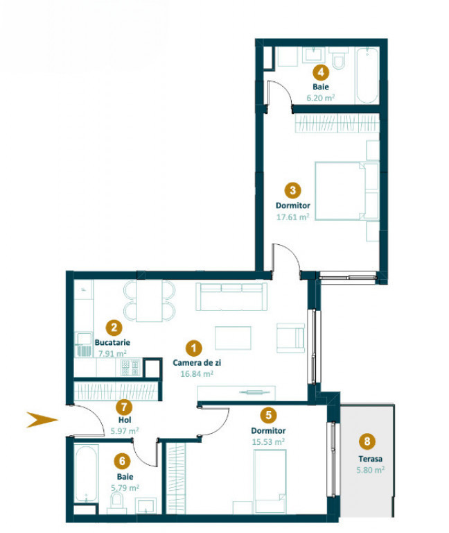 Apartament 3 camere 75,1 mp, terasa 7,1, ansamblu Intre Lacu