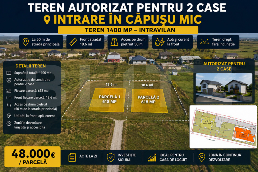 Teren intravilan, 618 mp, zona Căpușu Mic