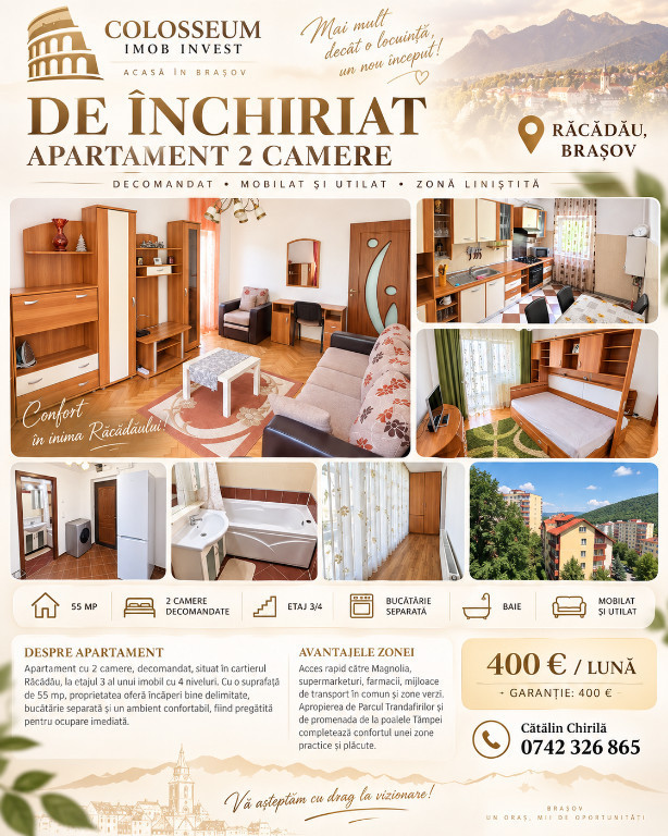 Apartament de inchiriat | Etaj 3/4 | 2 camere | Zona Racadau