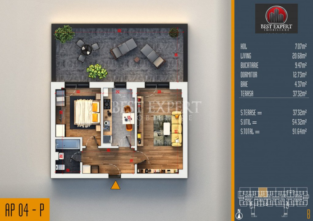 2 Camere Decomandat | Terasă 37 mp | 91 mp Total | Direct D
