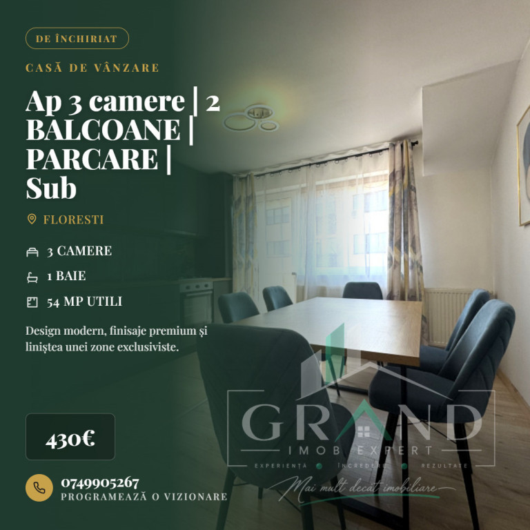 Ap 3 camere | 2 BALCOANE | PARCARE | Sub Cetate/Parc Poligon