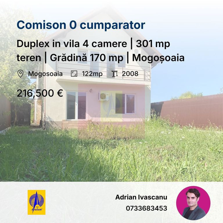 Duplex in vila 4 camere | 301 mp teren | Grădină 170 mp | Mogoșoaia