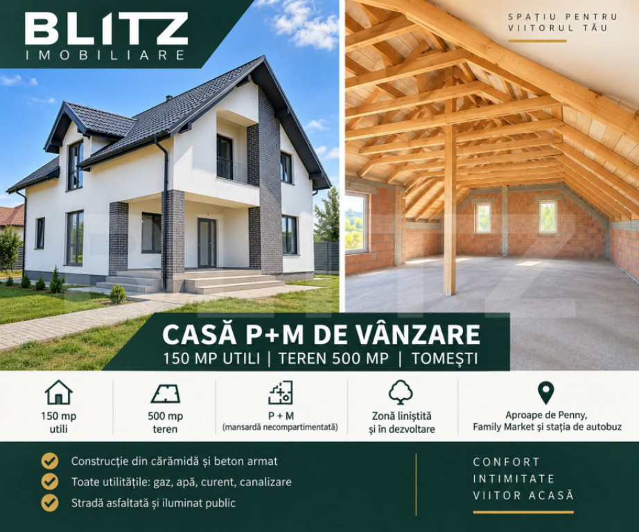 Casă P+M, 150 mp utili, teren 500 mp – zonă liniștită,