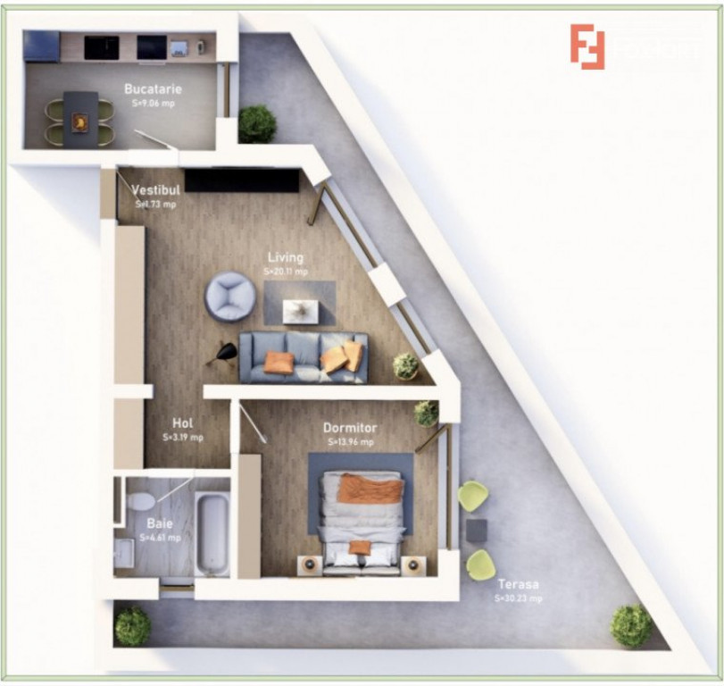 COMISION 0% Apartament cu 2 camere, terasa de 30 mp, bloc no
