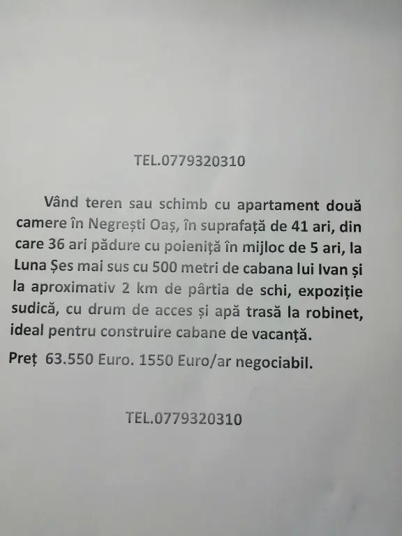 Vând pădure 36 arii cu poieniță în mijlocul ei de 5 arii