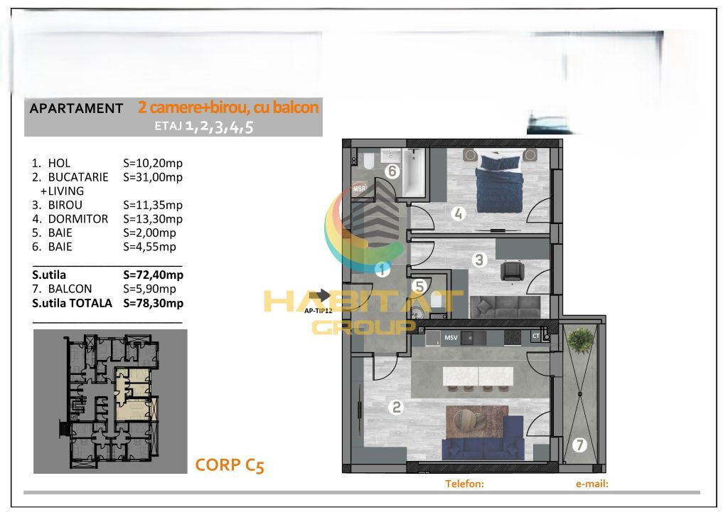 Apartament 3 camere + balcon in Popesti Leordeni