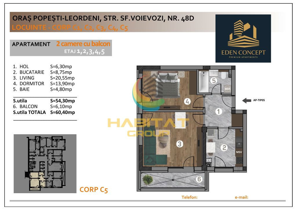Apartament 2 camere + balcon in Popesti Leordeni