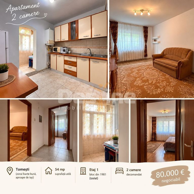 Apartament 2 camere decomandat, 54 mp, etaj 1 – Tomești