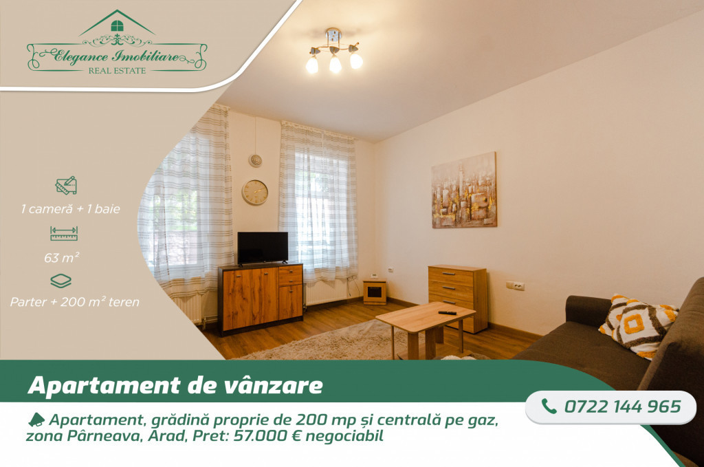 Apartament, grădină proprie de 200 mp și centrală pe gaz