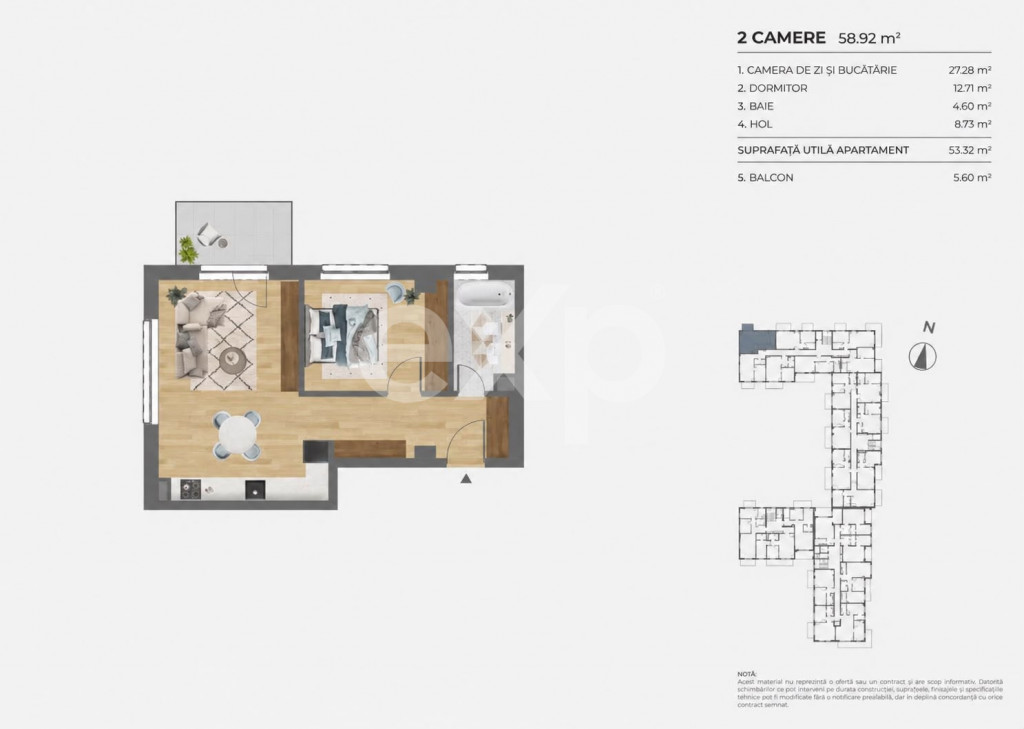 Apartament 2 camere | Citius Residence | 53 mp | Etaj 2 | Pa