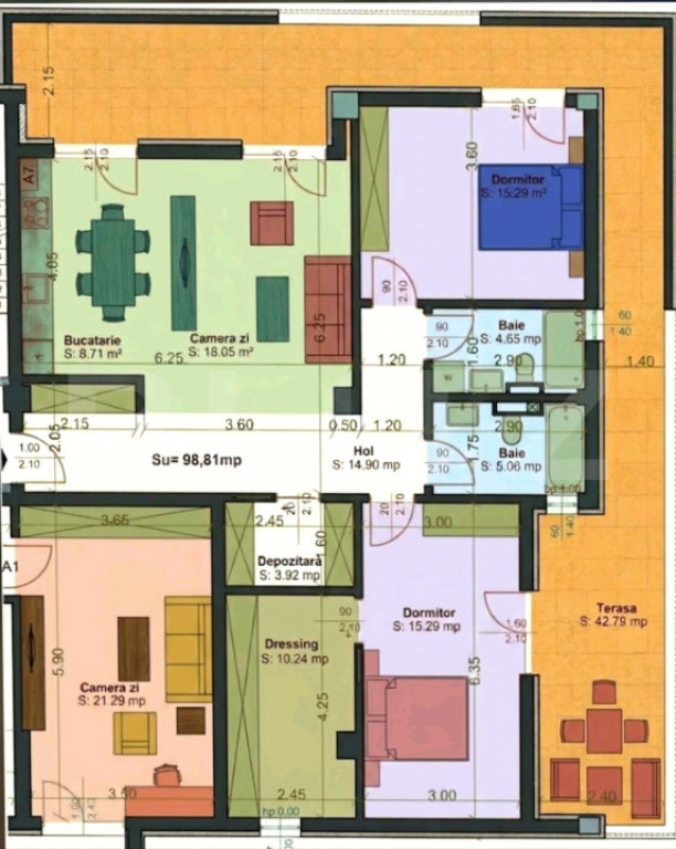 Apartament 3 camere, 99 mp utili,terasa de 43 mp, zona Aradu