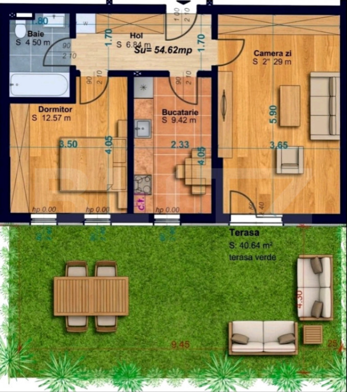 Apartament cu 2 camere, decomandat, 54 mp utili, gradina de