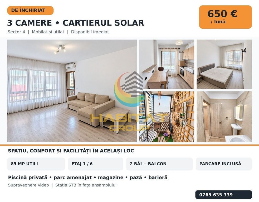 Închiriere 3 camere Cartierul Solar Parcare