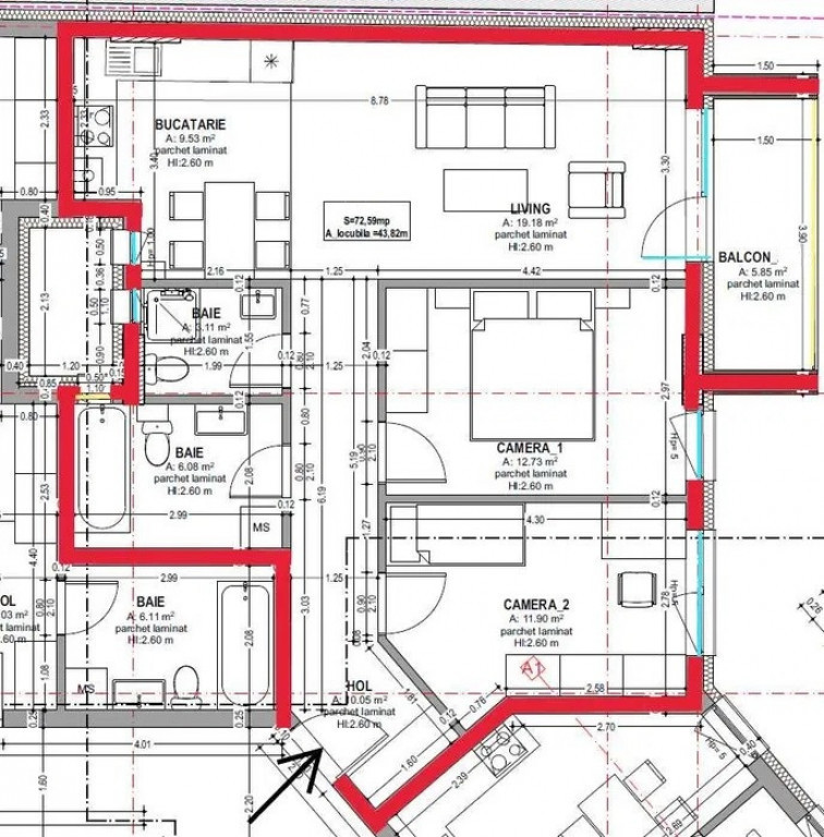 Apartament 3 camere, Semifinisat, 73 mp util, Zona Mihai Vit