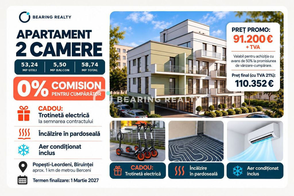 0% comision | 2 camere spatios | Bloc boutique | Popesti Leordeni