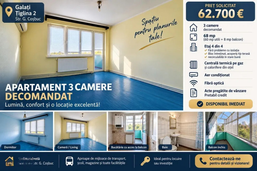 Apartament 3 camere DECOMANDAT | Țiglina 2 – Poziție excelentă