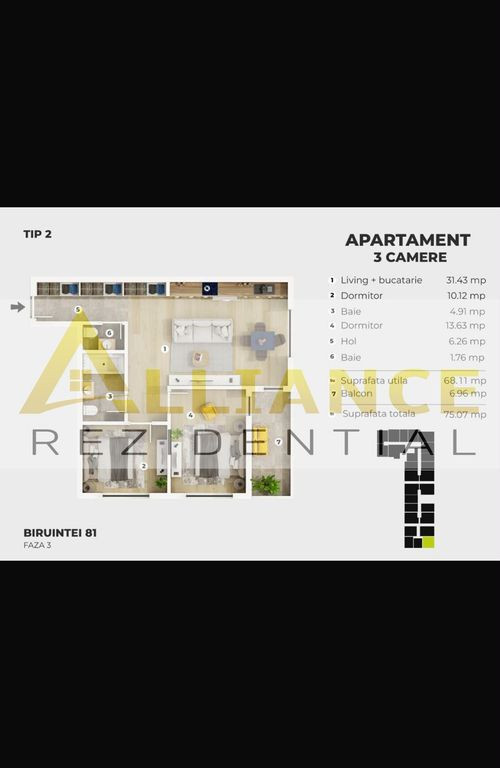 De vanzare | 3 camere | 2 bai | 75,07 mp | Siena Residence | 5 minute