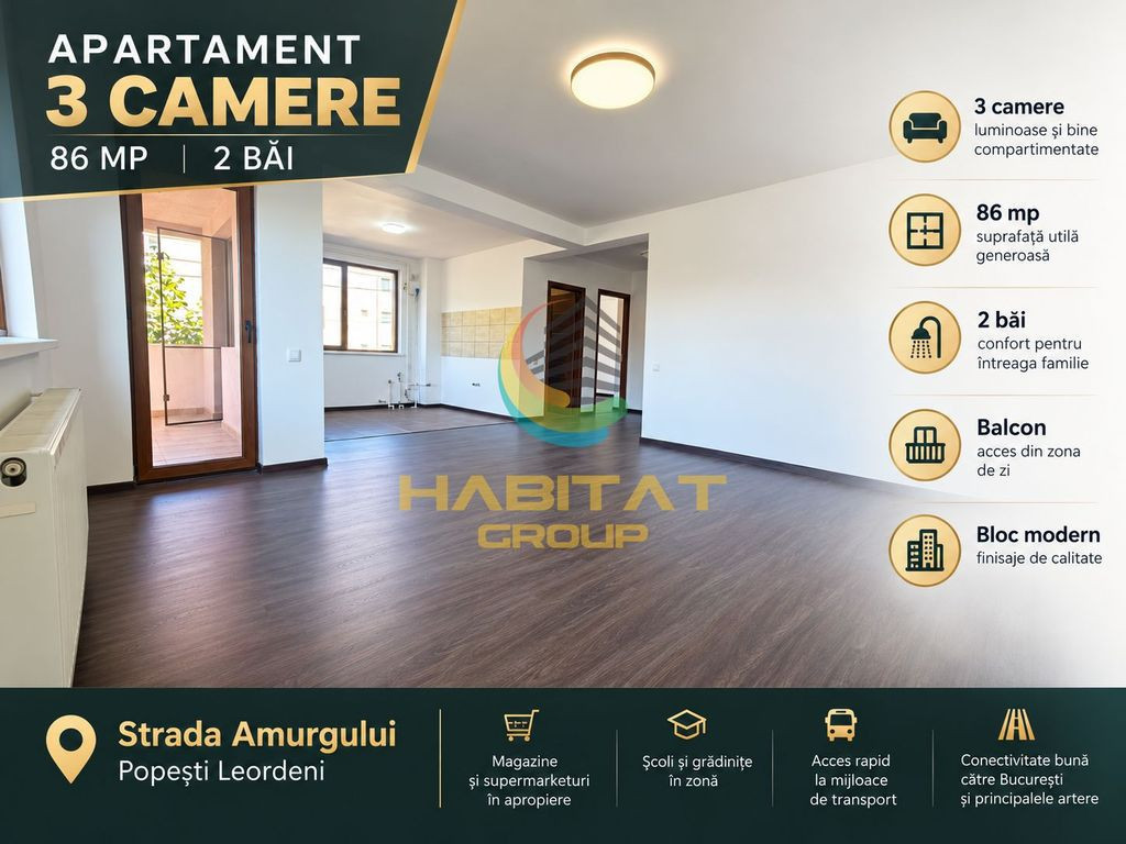 Vânzare Apartament 3 camere 86 mp Popești Leordeni bloc 2013