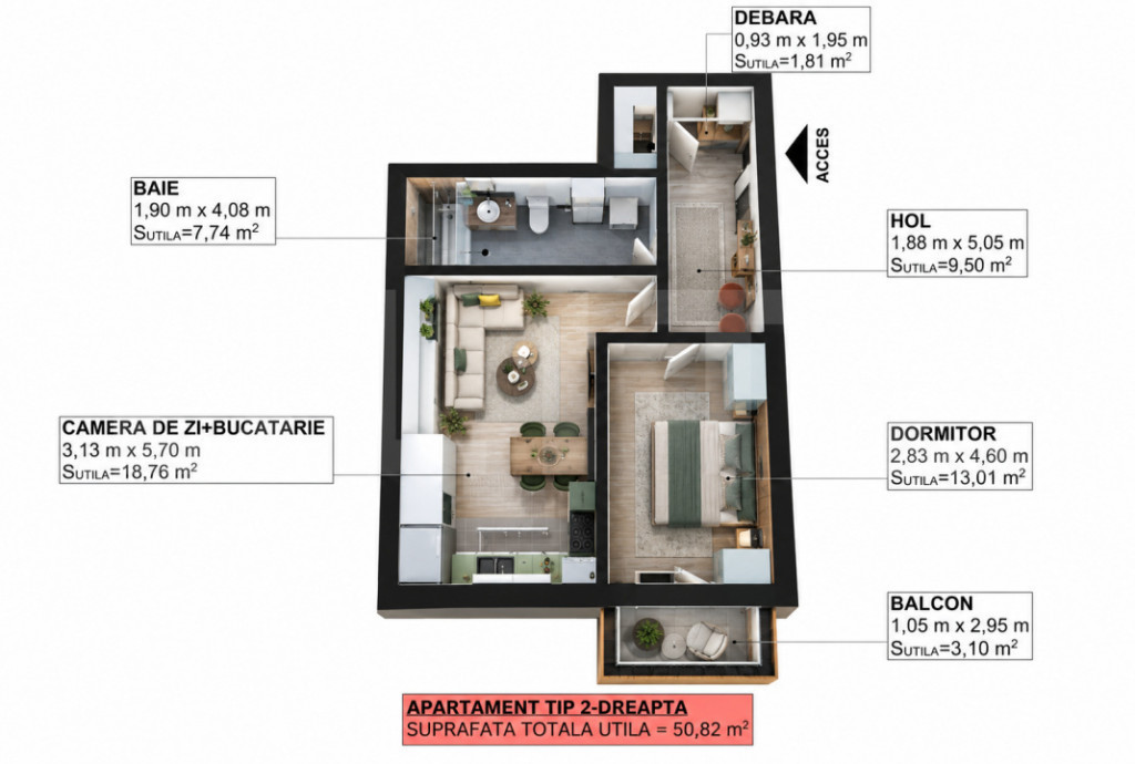 Apartament 2 camere, 50,82 mp, balcon