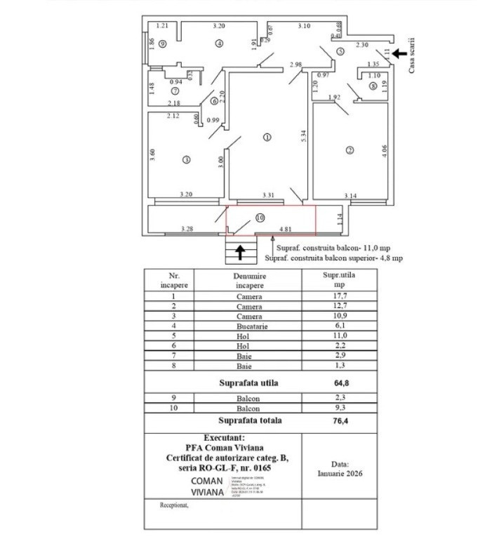3 Camere | 77 mp | Țiglina 2 | Parter cu 2 Balcoane | Centrală Termică